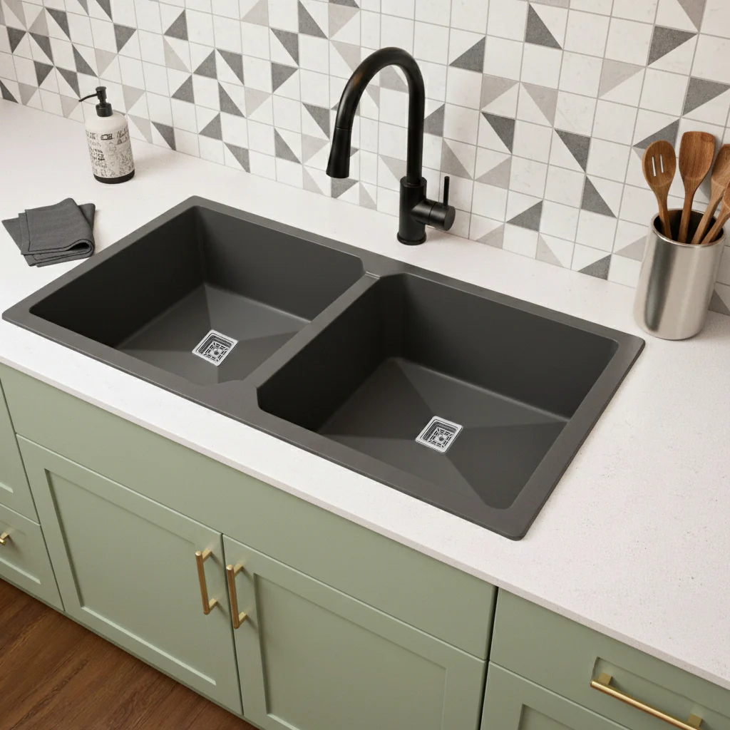 Belluxury™ TitanGrey Quartz Luxe Double Bowl Sink – Urban Stone Finish (45 x 20 x 10 Inches)