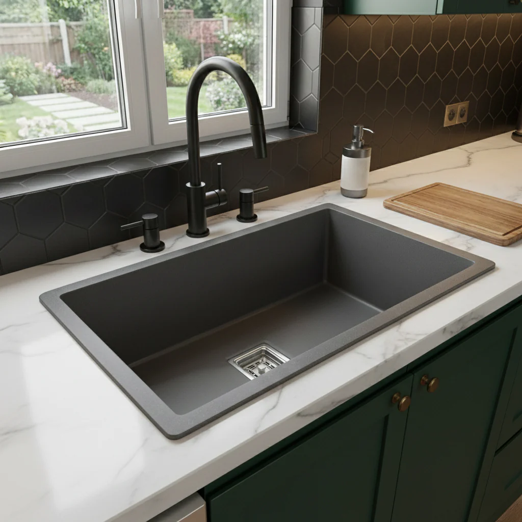 Belluxury™ AeroGrey Quartz Luxe Single Bowl Sink – Urban Minimal Series (24 x 18 x 10 Inches)