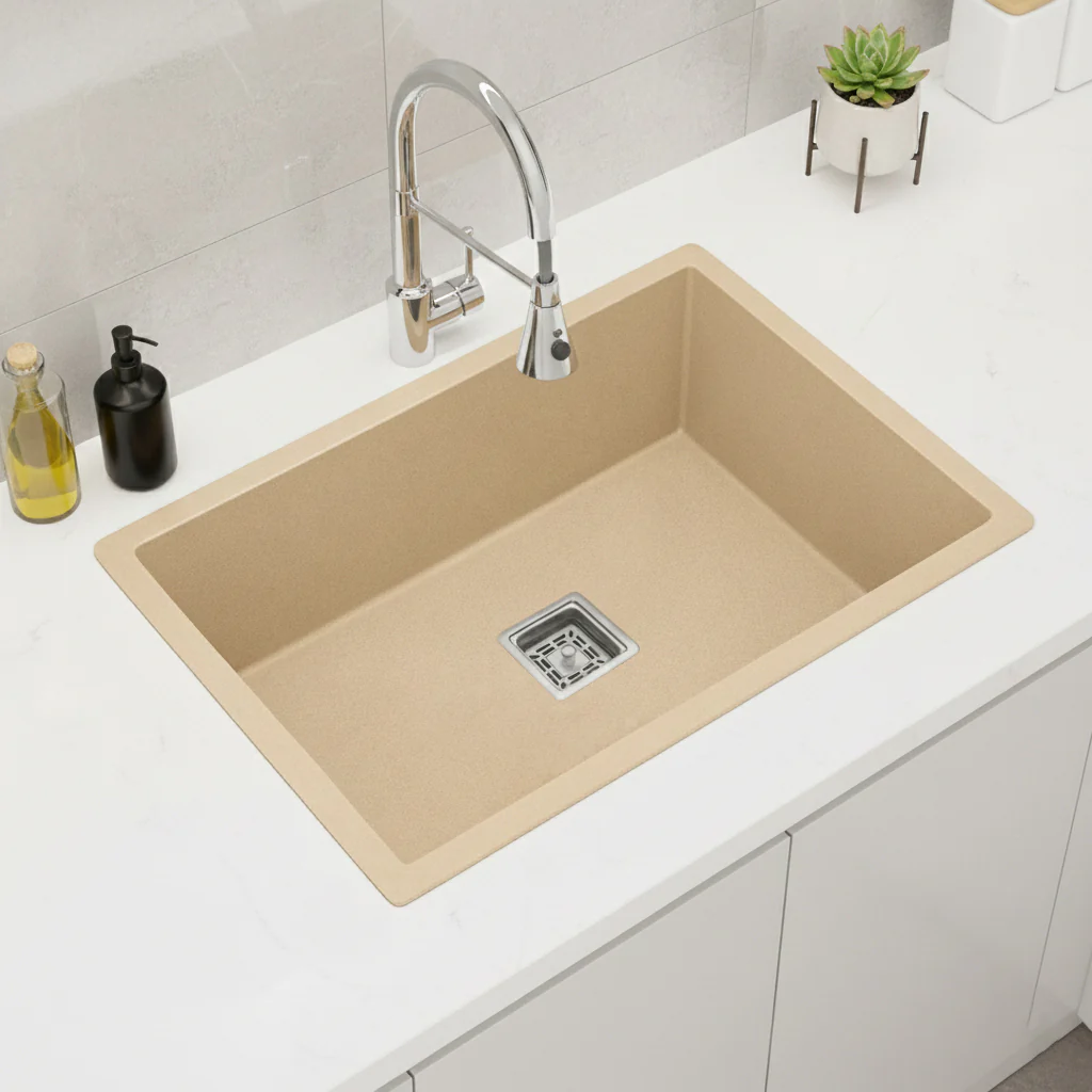 Belluxury™ Ivorya Elite Quartz Luxe Single Bowl Sink – Sandstone Beige Edition (24 x 18 x 10 Inches)