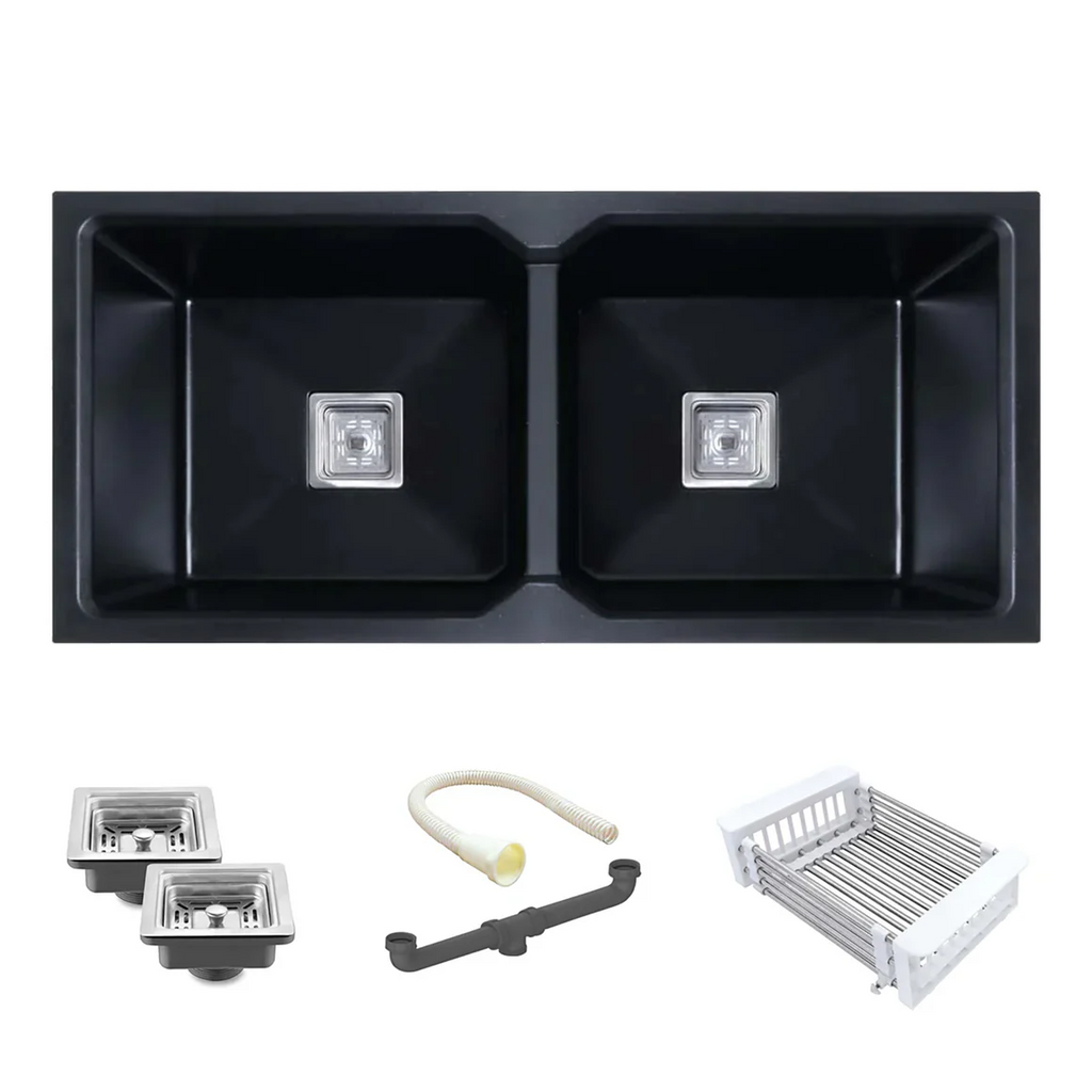 Belluxury Obsidian Elite Quartz Double Bowl Sink (45” x 20” x 10”)