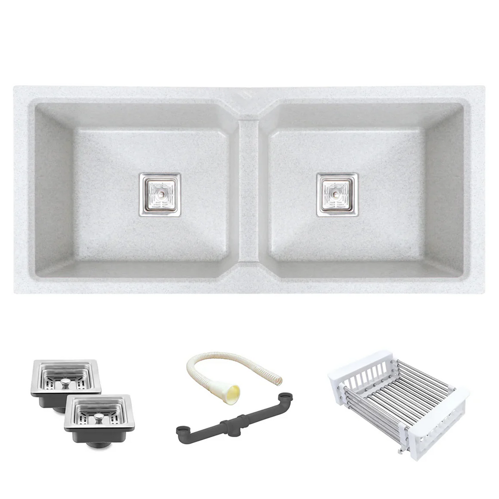 Belluxury™ Celestia Dotted Quartz Luxe Double Bowl Sink – StoneCraft Finish (45 x 20 x 10 Inches)