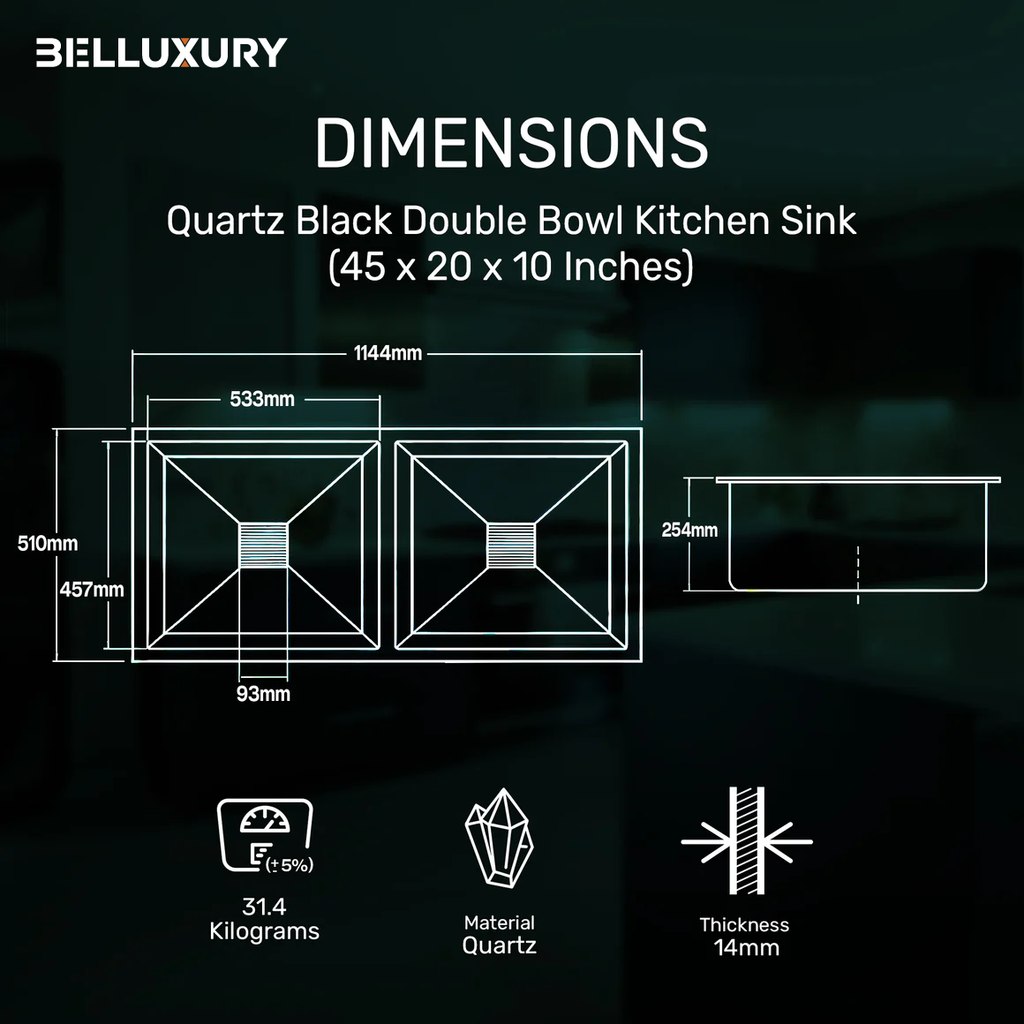 Belluxury Obsidian Elite Quartz Double Bowl Sink (45” x 20” x 10”)