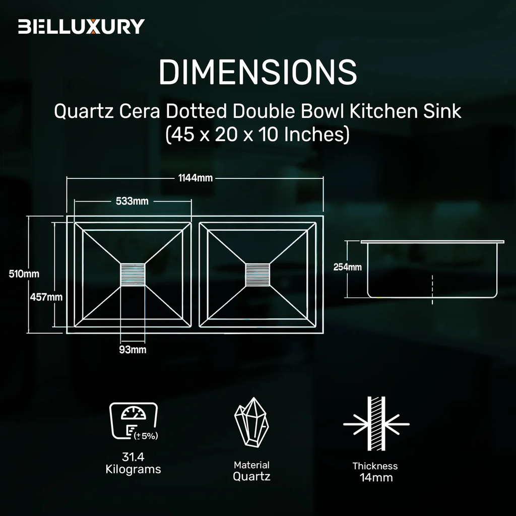 Belluxury™ Celestia Dotted Quartz Luxe Double Bowl Sink – StoneCraft Finish (45 x 20 x 10 Inches)