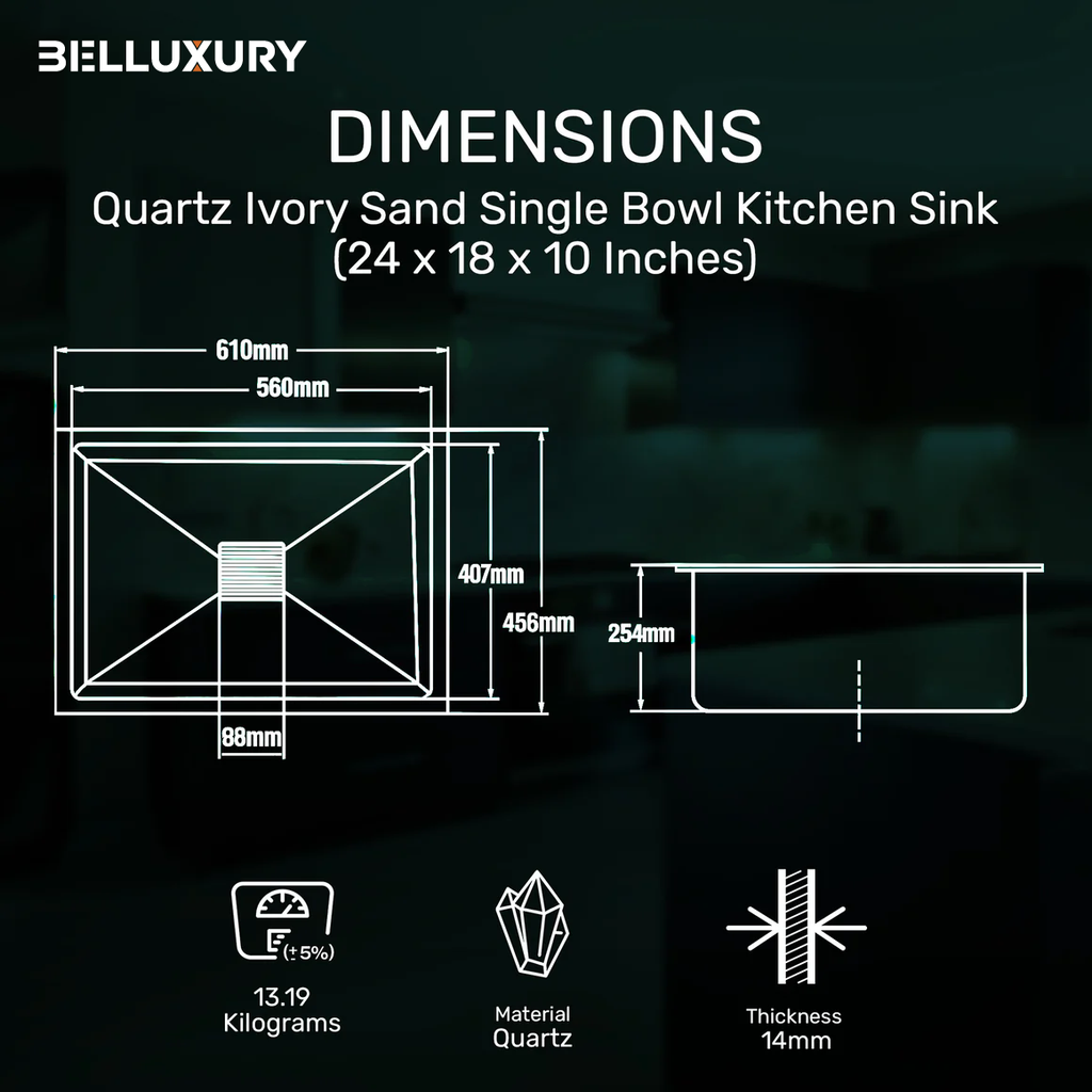 Belluxury™ Ivorya Elite Quartz Luxe Single Bowl Sink – Sandstone Beige Edition (24 x 18 x 10 Inches)