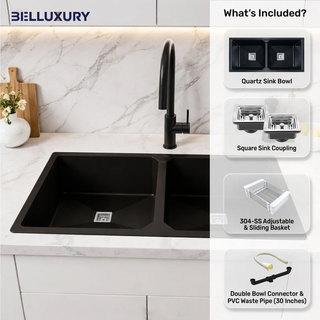 Belluxury Obsidian Elite Quartz Double Bowl Sink (45” x 20” x 10”)