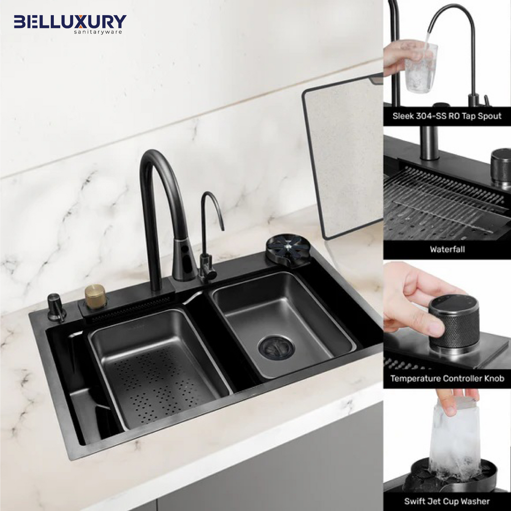 Belluxury AquaVault™ Elite – Smart Modular 304 Stainless Steel Kitchen Sink with Waterfall System, Pull-Out Faucet & Integrated RO Tap (30×18×9)