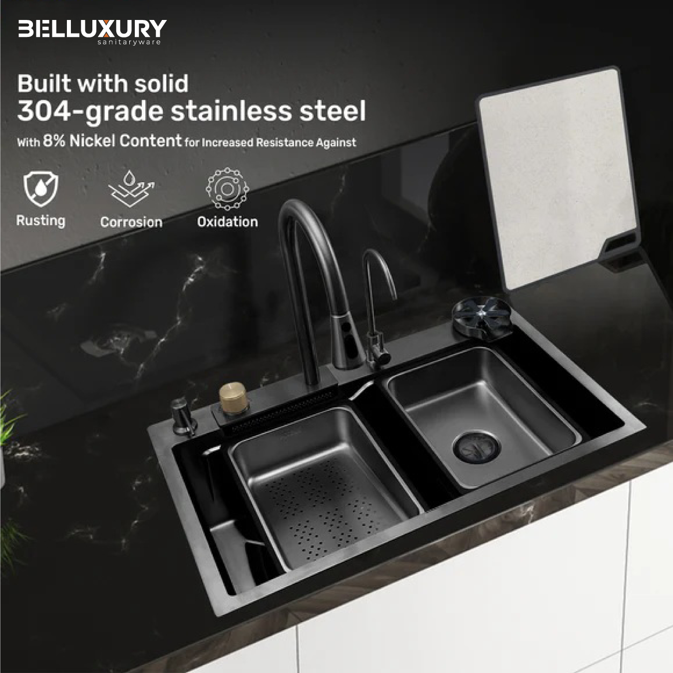 Belluxury AquaVault™ Elite – Smart Modular 304 Stainless Steel Kitchen Sink with Waterfall System, Pull-Out Faucet & Integrated RO Tap (30×18×9)
