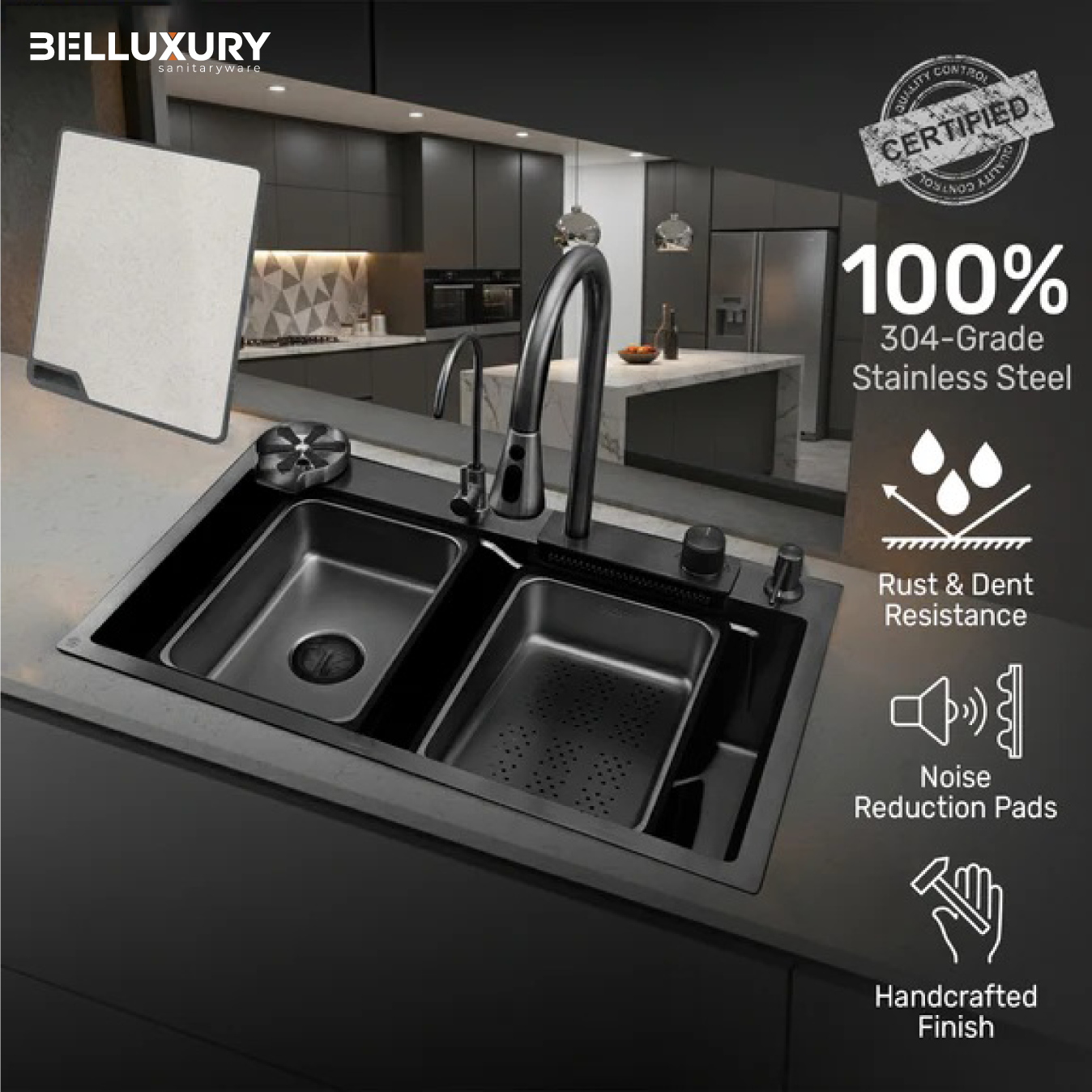 Belluxury AquaVault™ Elite – Smart Modular 304 Stainless Steel Kitchen Sink with Waterfall System, Pull-Out Faucet & Integrated RO Tap (30×18×9)