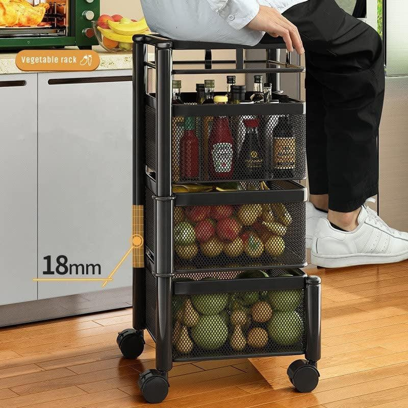 Belluxury Storage Rack | Layer Revolving Vegetable Kitchen Rack | Square Multipurpose Storage Trolley with Wheels | Metal Fruit Storage Rack | Kitchen Cabinet Spice Rack | Black